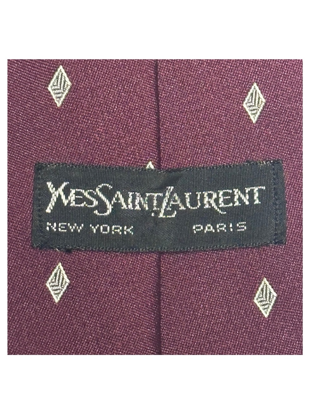 Vintage Yves Saint Laurent Tie Burgundy Silver Diamond Foulard Print